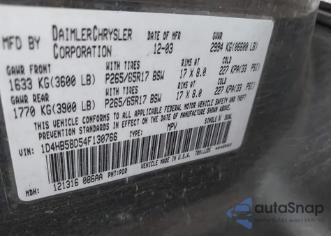 2004 Dodge Durango Limited z USA, uszkodzony, nr VIN 1D4HB58D54F130766